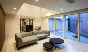 大開口から中庭を眺められるリビング