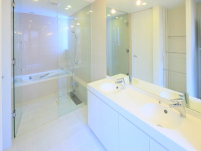 【ガラス扉＆ツインボウル＆一面鏡】ホテルライクな洗面室とバスルーム