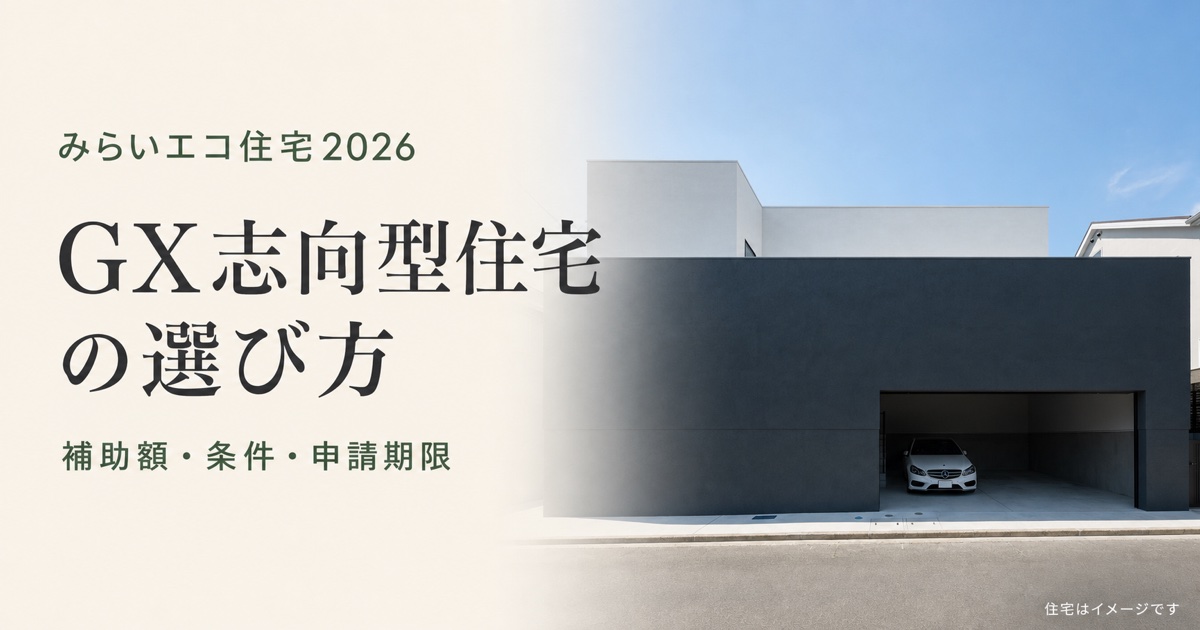 みらいエコ住宅2026・GX志向型住宅の選び方。白と濃いグレーの直線的な外観とビルトインガレージを備えた住宅のイメージ